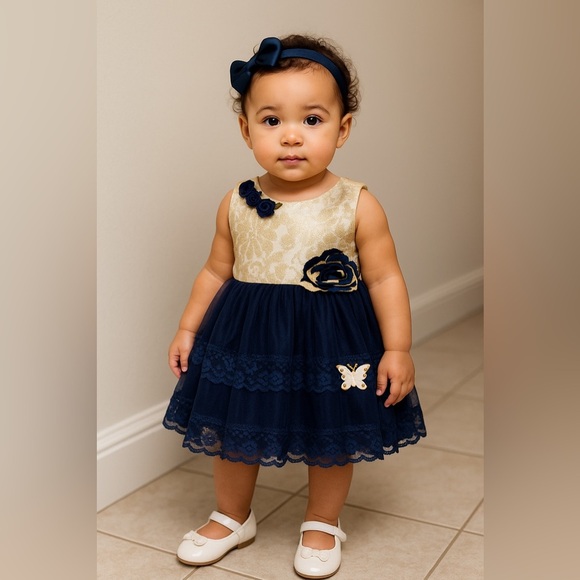 Gold & Navy Blue Lace Party Dress – Size 16 (Baby/Toddler) - Picture 1 of 6